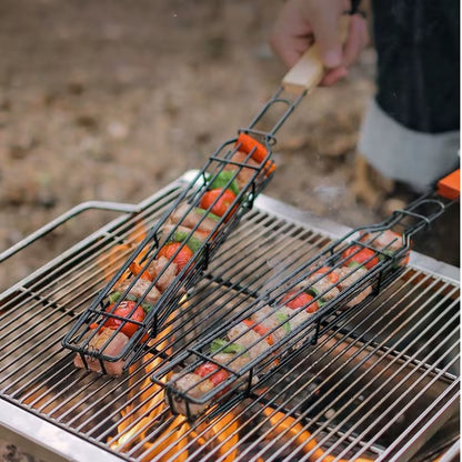 Outdoor Wooden Handle Barbecue Cage Camping Meat and Vegetable Barbecue Net Rack Picnic Barbecue Tools