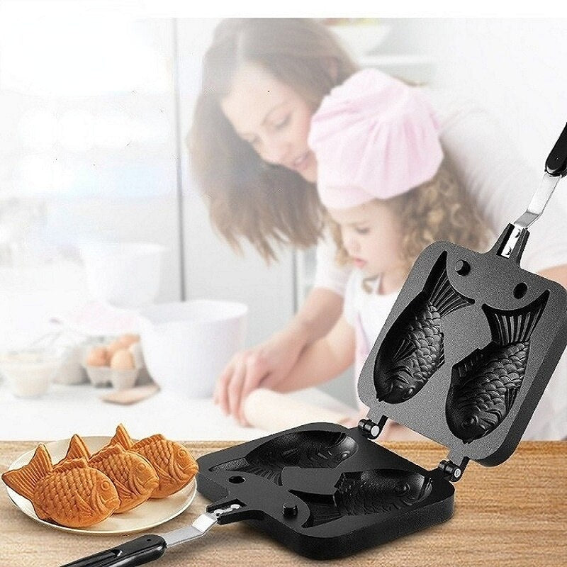 FishBite: Japanese Taiyaki Double Fish-Shaped Waffle Maker - Create Delicious and Eye-Catching Hot Desserts and Waffles with Double Pan Fry and Waffle Molds.