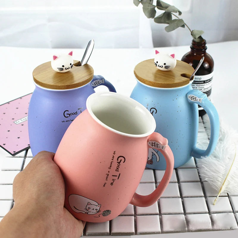 New Sesame Cat Heat-Resistant Cup Color Cartoon with Lid Cup Kitten Milk Coffee Ceramic Mug Children Cup