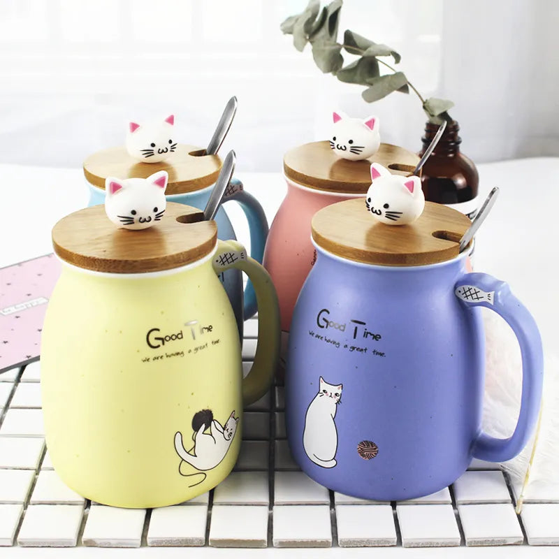 New Sesame Cat Heat-Resistant Cup Color Cartoon with Lid Cup Kitten Milk Coffee Ceramic Mug Children Cup