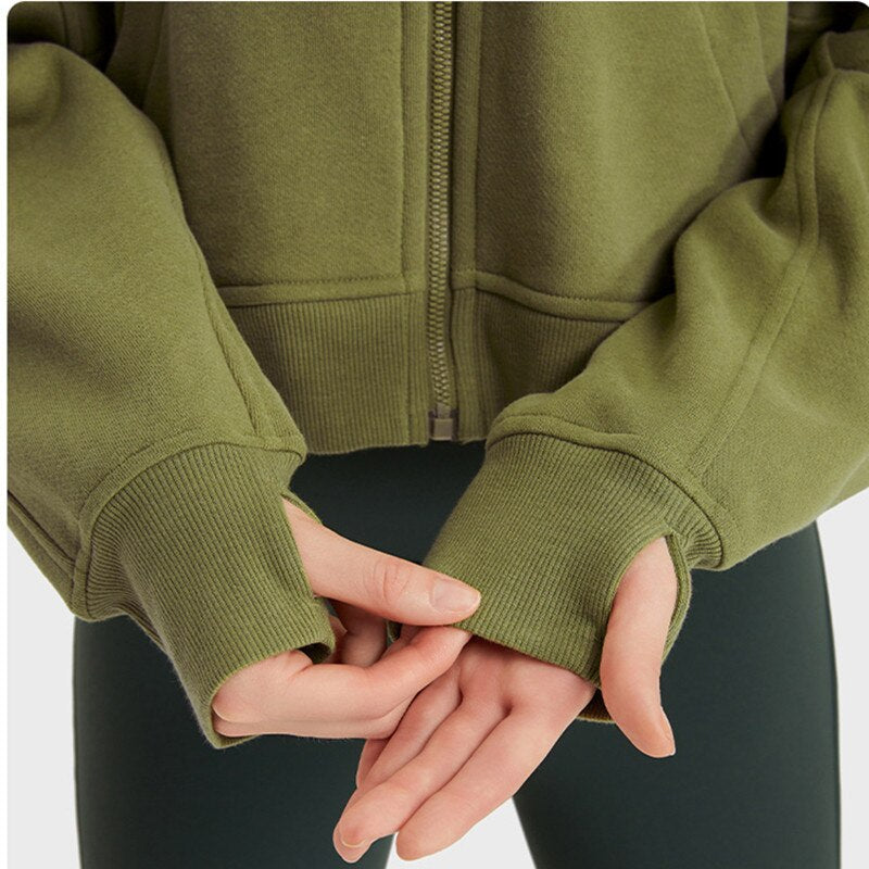New Thicken Autumn Winter Sport Jacket Women Casual Hoodie Coat Finger Hole Long Sleeve Run Jacket Female Zip Jacket