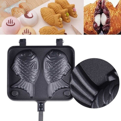 FishBite: Japanese Taiyaki Double Fish-Shaped Waffle Maker - Create Delicious and Eye-Catching Hot Desserts and Waffles with Double Pan Fry and Waffle Molds.