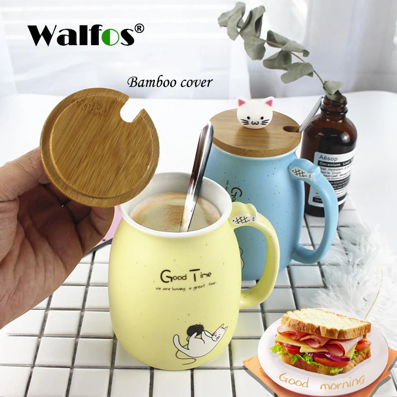 New Sesame Cat Heat-Resistant Cup Color Cartoon with Lid Cup Kitten Milk Coffee Ceramic Mug Children Cup