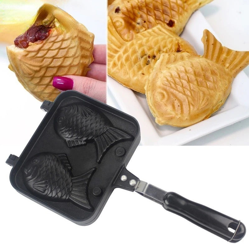 FishBite: Japanese Taiyaki Double Fish-Shaped Waffle Maker - Create Delicious and Eye-Catching Hot Desserts and Waffles with Double Pan Fry and Waffle Molds.