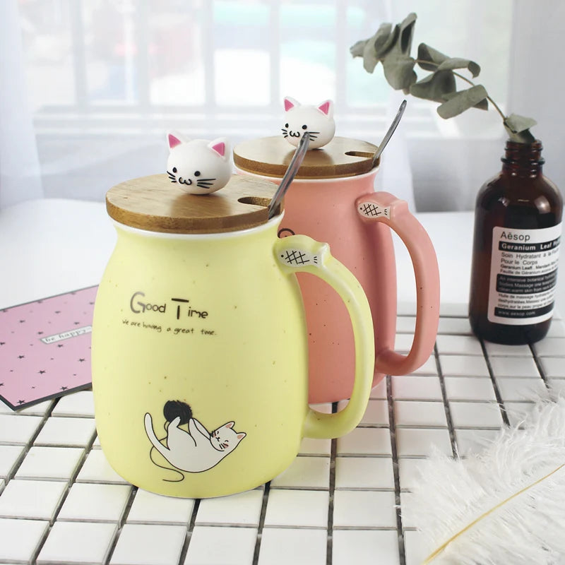 New Sesame Cat Heat-Resistant Cup Color Cartoon with Lid Cup Kitten Milk Coffee Ceramic Mug Children Cup